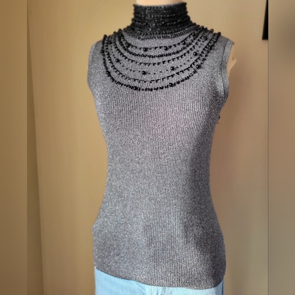 Grace Elements Smal Gray Metallic Beaded Mock Neck Sleeveless Silk Blend Sweater - Picture 2 of 9